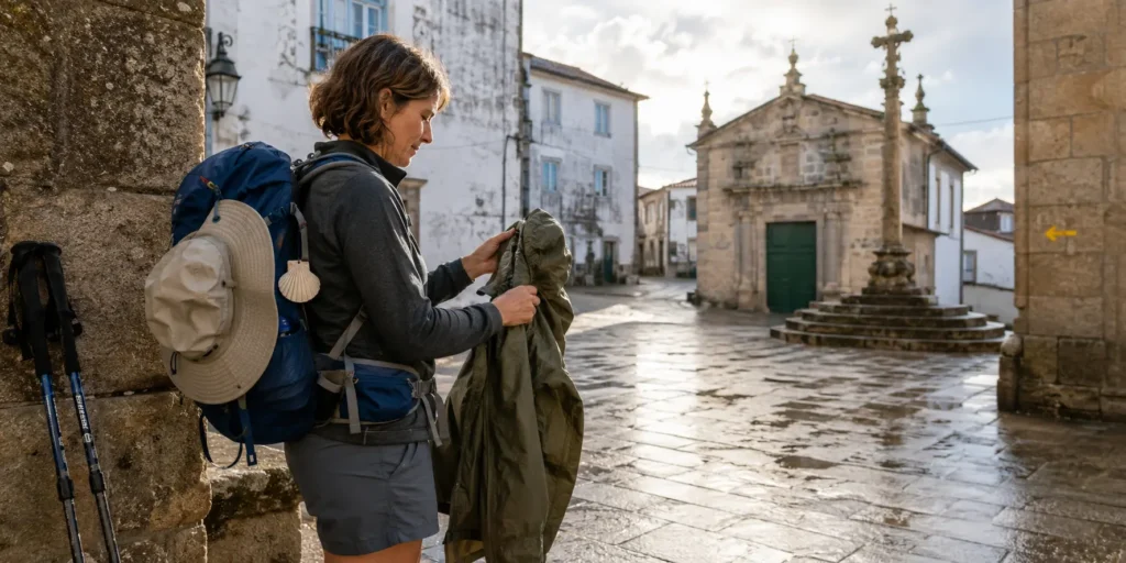 A pilgrim preparing rain gear and walking poles on a changeable morning on the Portuguese Coastal Camino.