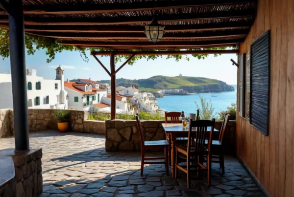 A charming outdoor dining terrace overlooking a coastal village along the Portuguese Coastal Camino. The scene features a rustic stone-paved patio with wooden tables and chairs under a shaded pergola, offering a stunning view of the ocean, rolling green hills, and whitewashed houses with terracotta roofs. The setting captures the relaxed and inviting atmosphere of enjoying a meal along the pilgrimage route.
