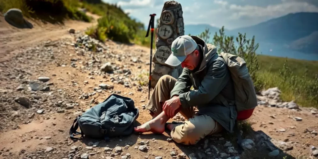 A pilgrim sitting on a rocky path along the Camino de Santiago, tending to a foot injury. The hiker is dressed in outdoor gear, applying a bandage while resting next to a backpack and trekking poles. The background features a scenic mountain landscape with a Camino trail marker, capturing the reality of injury management on the pilgrimage.