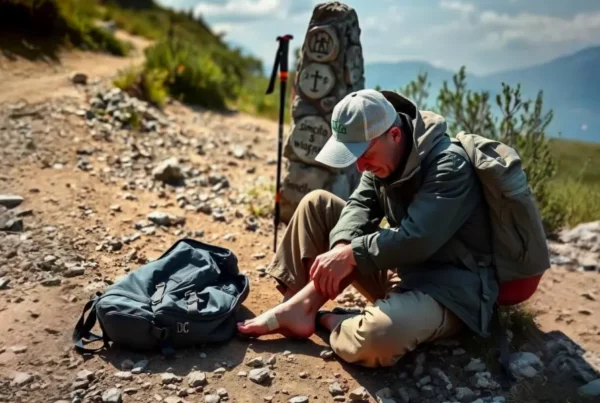 A pilgrim sitting on a rocky path along the Camino de Santiago, tending to a foot injury. The hiker is dressed in outdoor gear, applying a bandage while resting next to a backpack and trekking poles. The background features a scenic mountain landscape with a Camino trail marker, capturing the reality of injury management on the pilgrimage.