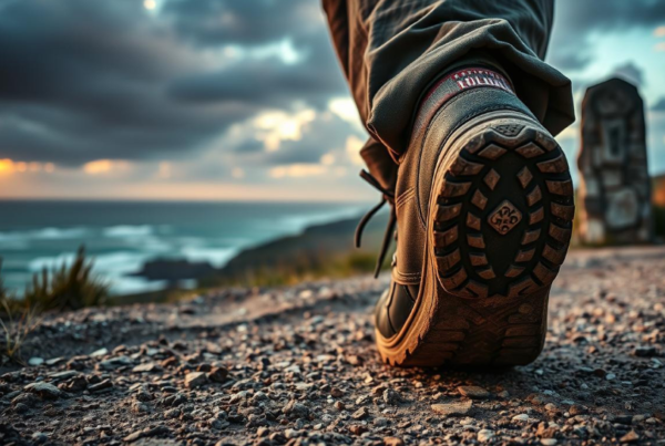 Close-up of a pilgrim’s foot stepping on a gravel path at sunrise along the Portuguese Coastal Way, with the Atlantic Ocean in the background and a Camino milestone visible on the side.