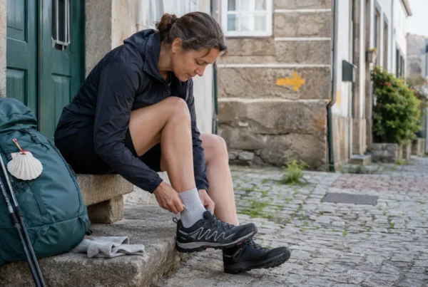 A pilgrim adjusting a walking sock and hiking shoe before starting a day on the Portuguese Coastal Camino.