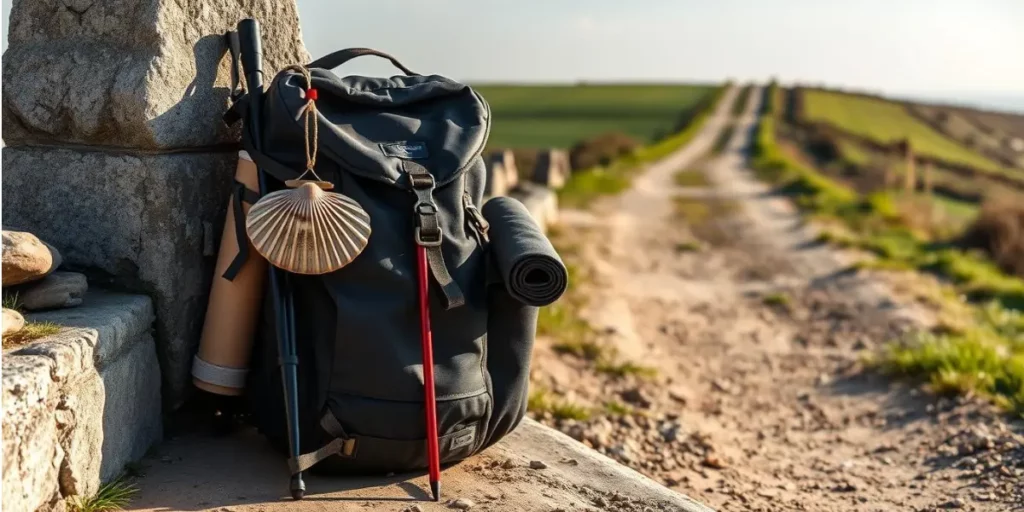 A pilgrim backpack with trekking poles, a scallop shell, and a sleeping mat, resting against a stone wall along a dirt path on the Camino de Santiago, under clear daylight.