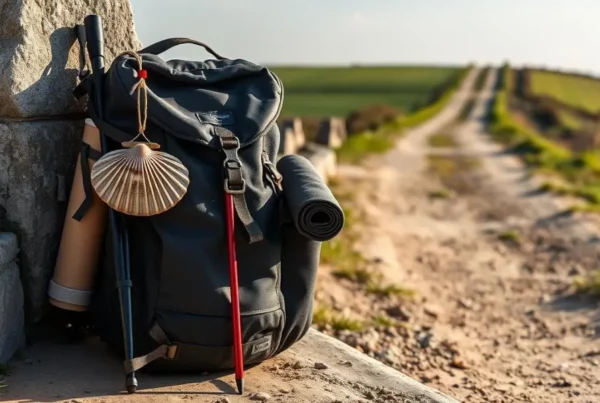 A pilgrim backpack with trekking poles, a scallop shell, and a sleeping mat, resting against a stone wall along a dirt path on the Camino de Santiago, under clear daylight.