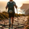 A pilgrim walks along the Portuguese Coastal Way using walking sticks, with a scallop shell on the backpack, overlooking cliffs and the Atlantic Ocean at sunset.