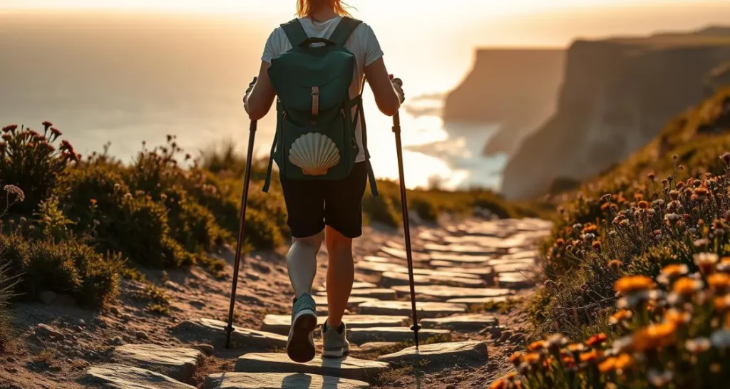 A pilgrim walks along the Portuguese Coastal Way using walking sticks, with a scallop shell on the backpack, overlooking cliffs and the Atlantic Ocean at sunset.