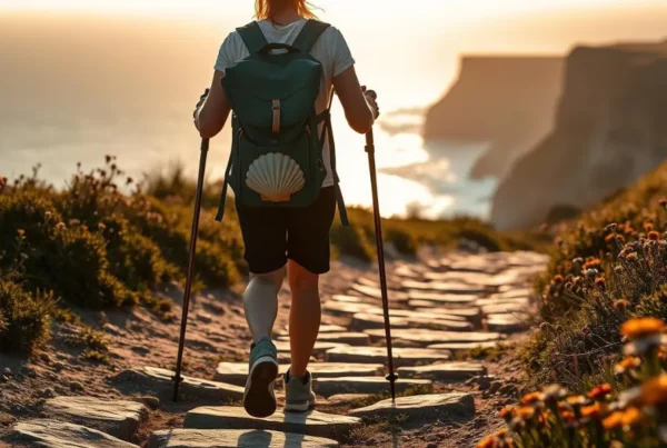 A pilgrim walks along the Portuguese Coastal Way using walking sticks, with a scallop shell on the backpack, overlooking cliffs and the Atlantic Ocean at sunset.
