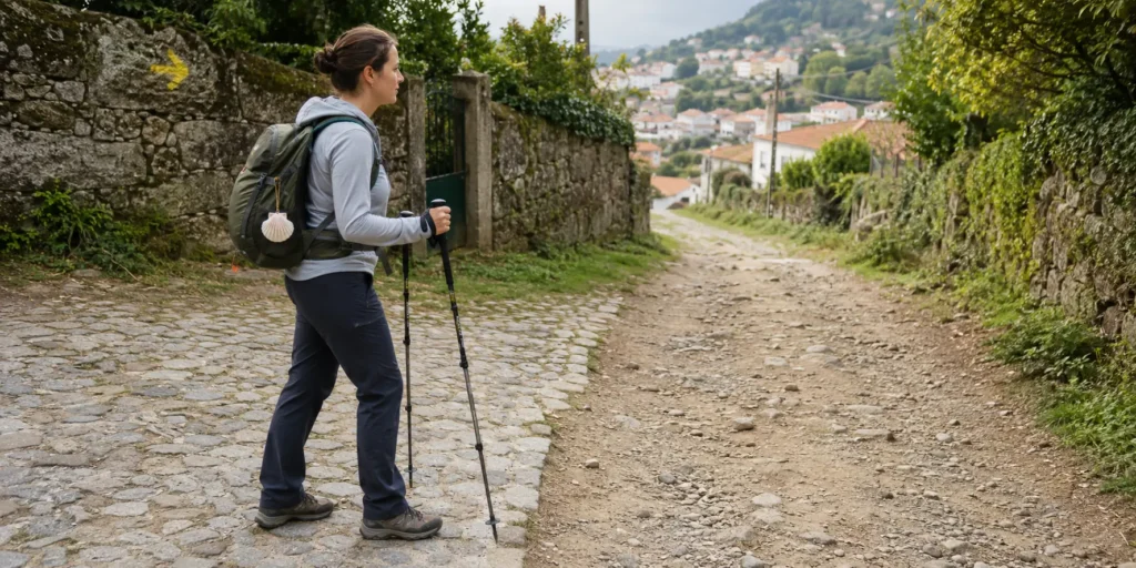 A pilgrim testing trekking poles where a cobbled Camino lane meets a dirt path on the Portuguese Coastal Camino.