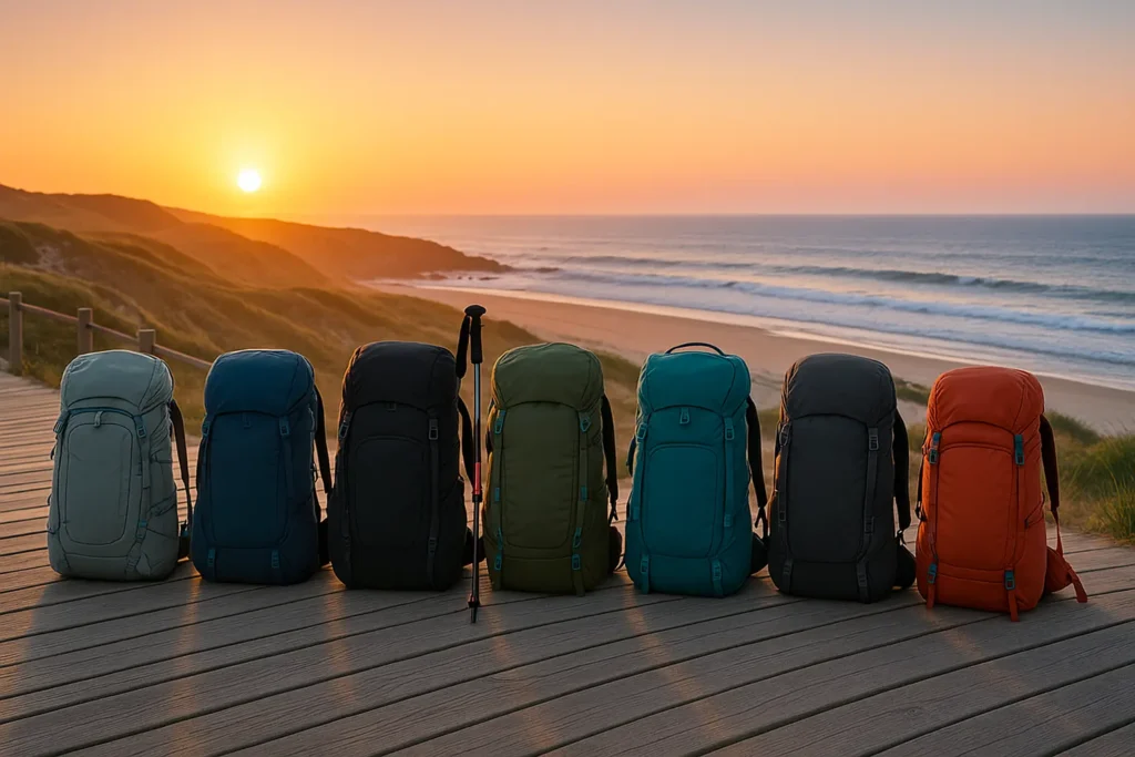 Seven different 30–45 L backpacks lined up on a Portuguese Coastal Camino boardwalk at sunrise, with ocean waves and trekking pole, illustrating 2025 gear comparison.