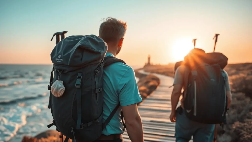 Pilgrim on Portuguese Coastal Camino boardwalk at sunrise with training icons overlay, backpack, shell and trail runners, representing 12-week Camino preparation.