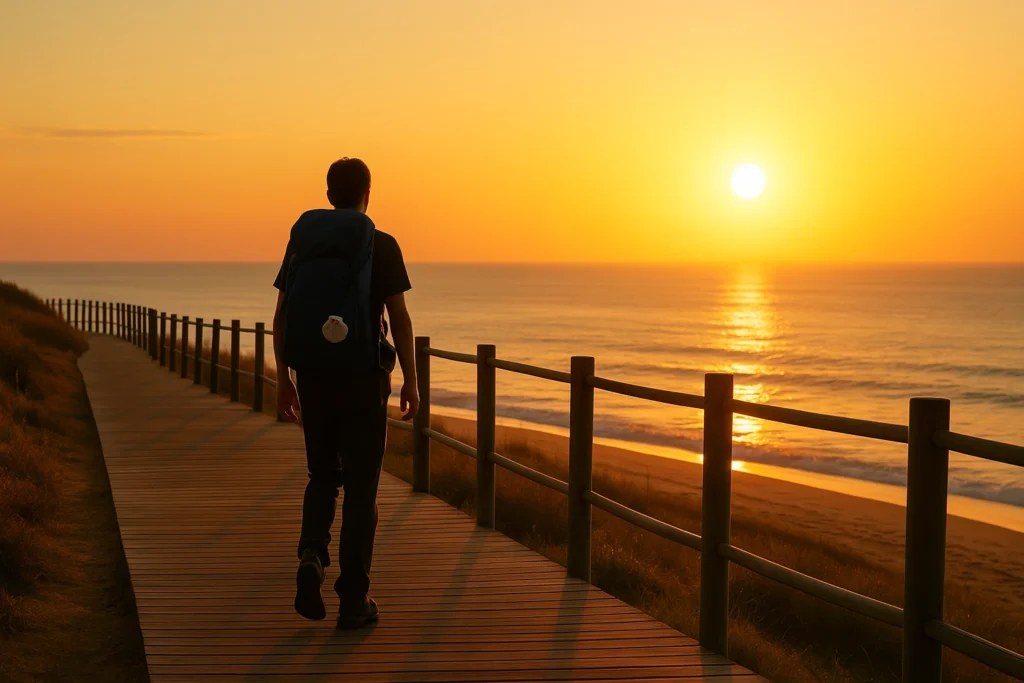 caminho budget tips - Pilgrim with backpack and scallop shell walking a wooden boardwalk at sunrise on the Portuguese Coastal Camino, evoking affordable travel and minimalist budgeting.