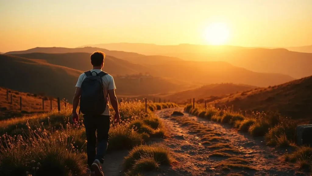 Pilgrim walking the Camino Santiago at sunset through rolling hills, representing the physical and mental benefits of long-distance walking.