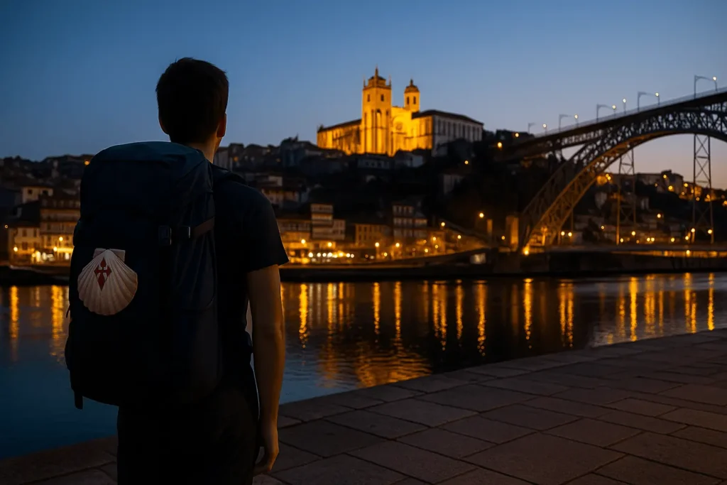 Pilgrim with scallop-shell backpack admiring Porto’s Sé Cathedral and Dom Luís I Bridge at blue-hour dawn on the Douro River.