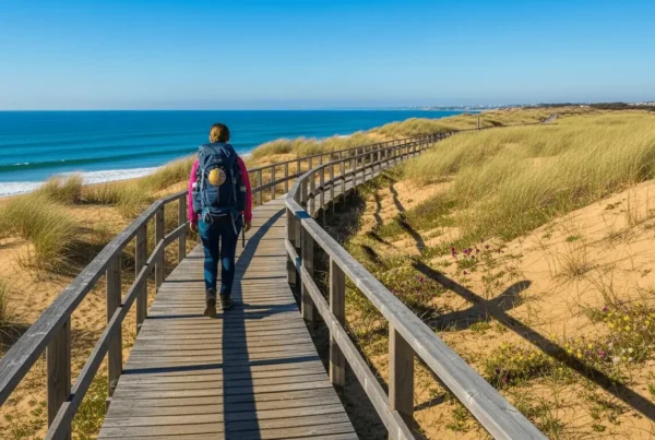 Solo traveler on the Portuguese Coastal Way walking a wooden boardwalk beside Atlantic dunes, wearing a backpack marked with a scallop shell.