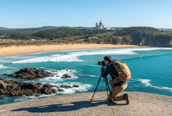 Solo pilgrim photographing Praia de Afife from a clifftop with Santa Luzia basilica in the background, one of the best photo spots on the Portuguese Coastal Camino.