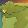 Editorial map of Northern Portugal and Galicia showing Portuguese Way Central and Coastal routes, Tui highlighted, convergence near Redondela.