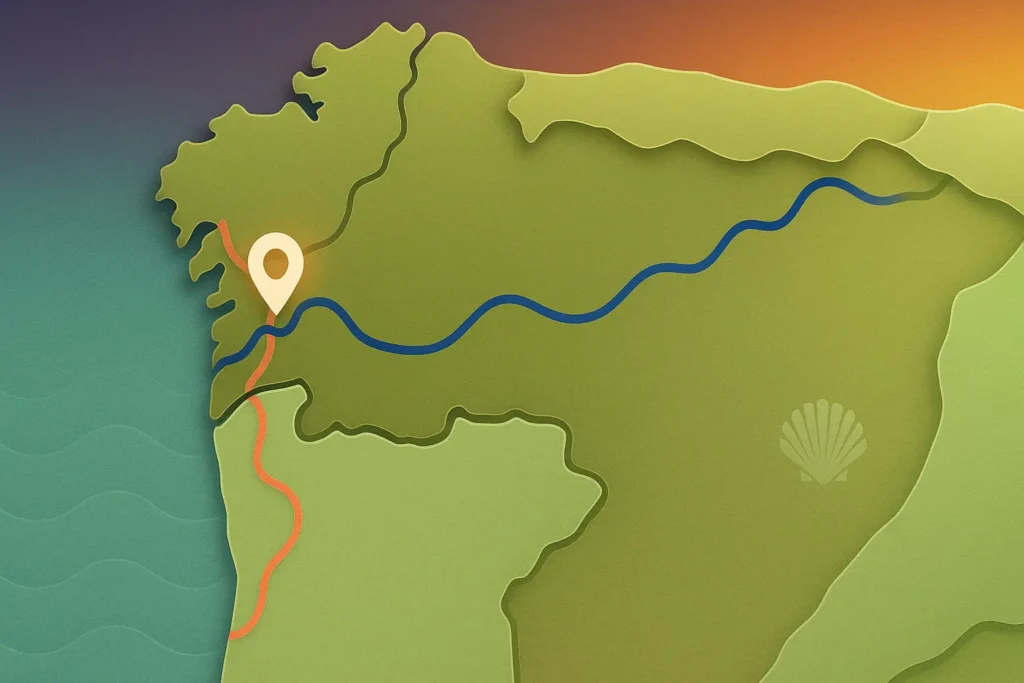 Editorial map of Northern Portugal and Galicia showing Portuguese Way Central and Coastal routes, Tui highlighted, convergence near Redondela.