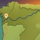 Editorial map of Northern Portugal and Galicia showing Portuguese Way Central and Coastal routes, Tui highlighted, convergence near Redondela.