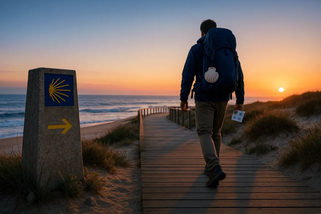 Camino de Santiago pilgrim at dawn on the Portuguese Coastal Way boardwalk, scallop shell on backpack, granite waymark and Atlantic surf in view.