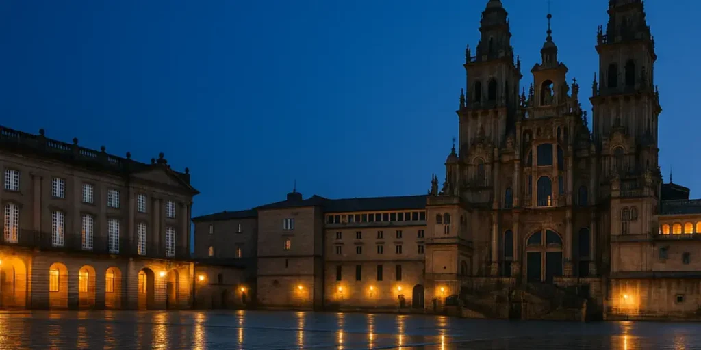 Blue hour view of Santiago de Compostela Cathedral with wet Praza do Obradoiro reflecting warm lights, empty square, right-side façade and open sky.