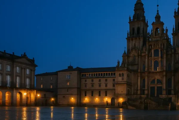 Blue hour view of Santiago de Compostela Cathedral with wet Praza do Obradoiro reflecting warm lights, empty square, right-side façade and open sky.