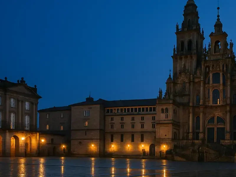 Blue hour view of Santiago de Compostela Cathedral with wet Praza do Obradoiro reflecting warm lights, empty square, right-side façade and open sky.