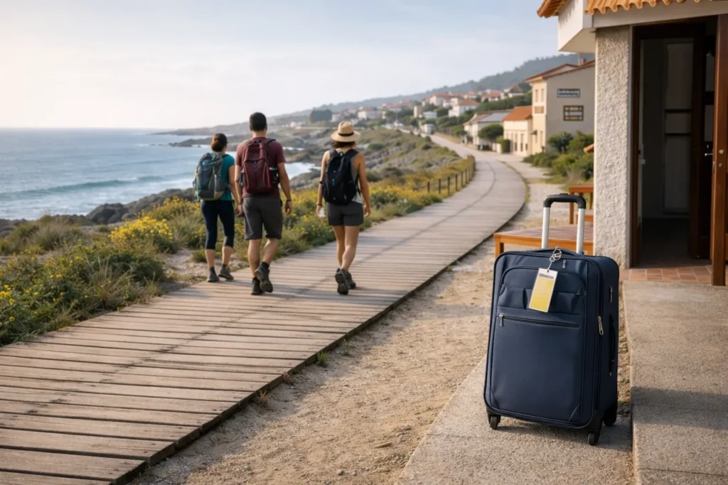 Pilgrims walking on a coastal boardwalk near Porto on the Portuguese Coastal Camino, with a suitcase outside accommodation ready for baggage transfer.