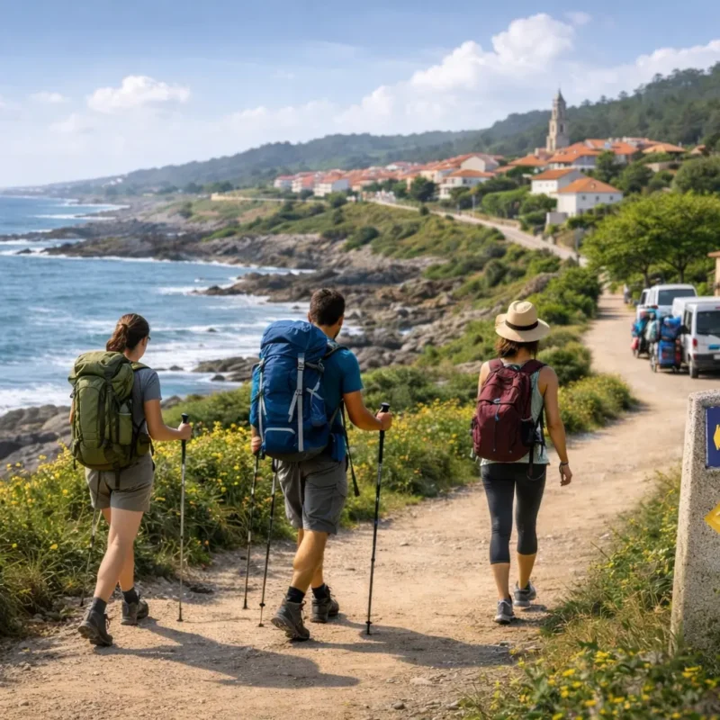 Three pilgrims walking along the Portuguese Coastal Camino beside the Atlantic coast, with a Camino marker, village views, and luggage transfer vans in the background.