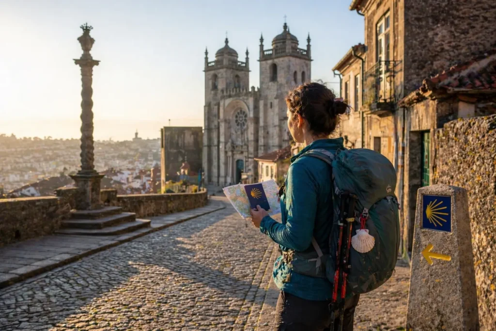 Pilgrim with backpack holding a map and credential near Porto Cathedral before starting the Portuguese Coastal Camino