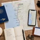 Travel planning flat lay with a Portuguese Coastal Camino map from Porto to Santiago, pilgrim credential, phone route, luggage tag, backpack, scallop shell, notebook, and bike detail.