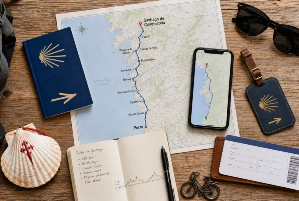 Travel planning flat lay with a Portuguese Coastal Camino map from Porto to Santiago, pilgrim credential, phone route, luggage tag, backpack, scallop shell, notebook, and bike detail.