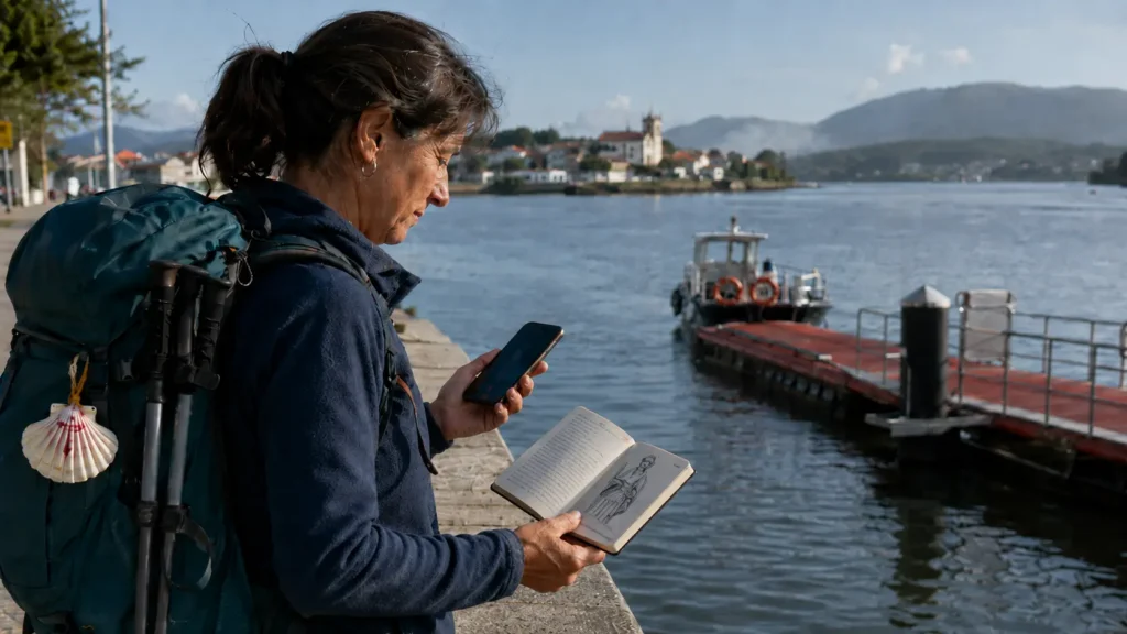 A pilgrim reviewing route notes near the Caminha riverside before crossing into Spain on the Portuguese Coastal Camino.