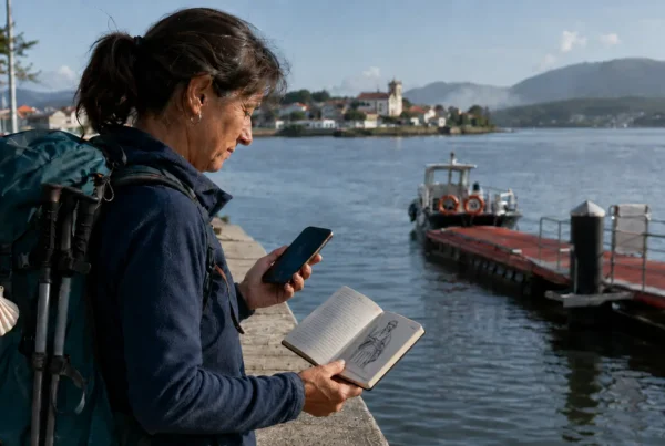 A pilgrim reviewing route notes near the Caminha riverside before crossing into Spain on the Portuguese Coastal Camino.