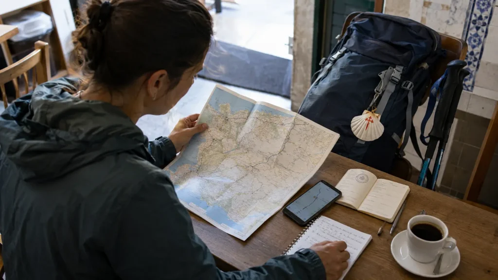 A pilgrim reviewing route notes and a Camino credential before the Porto to Vila do Conde stage.