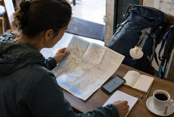 A pilgrim reviewing route notes and a Camino credential before the Porto to Vila do Conde stage.