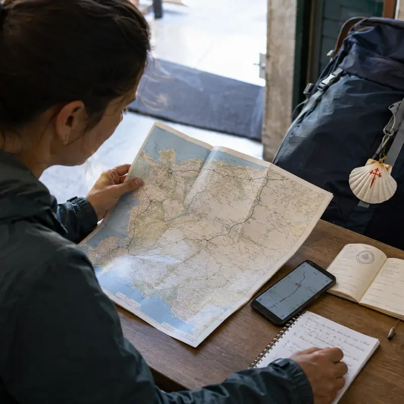 A pilgrim reviewing route notes and a Camino credential before the Porto to Vila do Conde stage.
