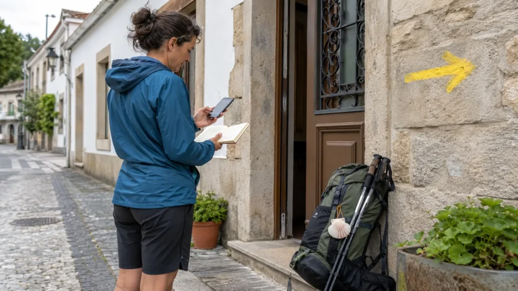 A pilgrim checking accommodation notes outside a modest guesthouse on the Portuguese Coastal Camino.
