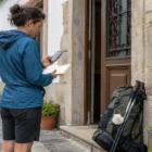 A pilgrim checking accommodation notes outside a modest guesthouse on the Portuguese Coastal Camino.