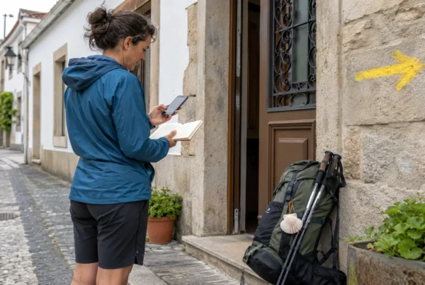 A pilgrim checking accommodation notes outside a modest guesthouse on the Portuguese Coastal Camino.