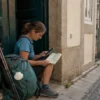 A pilgrim checking accommodation notes outside a modest guesthouse on the Portuguese Coastal Camino.