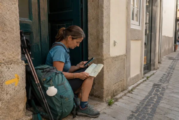 A pilgrim checking accommodation notes outside a modest guesthouse on the Portuguese Coastal Camino.