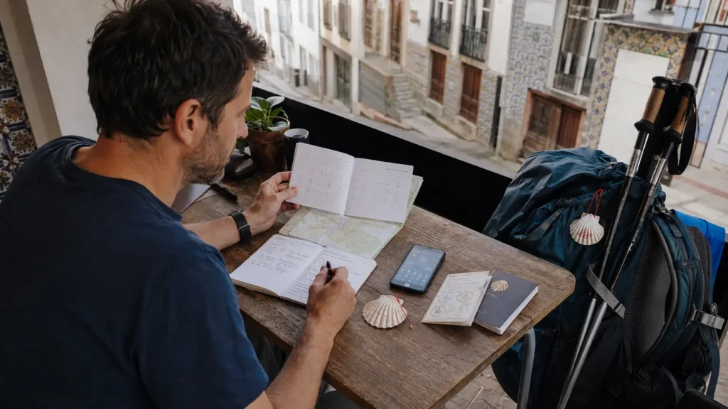 A pilgrim comparing route notes, a calendar and rain gear before walking the Portuguese Coastal Camino in autumn.
