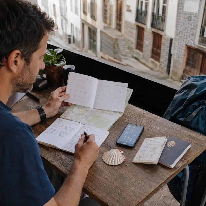A pilgrim comparing route notes, a calendar and rain gear before walking the Portuguese Coastal Camino in autumn.