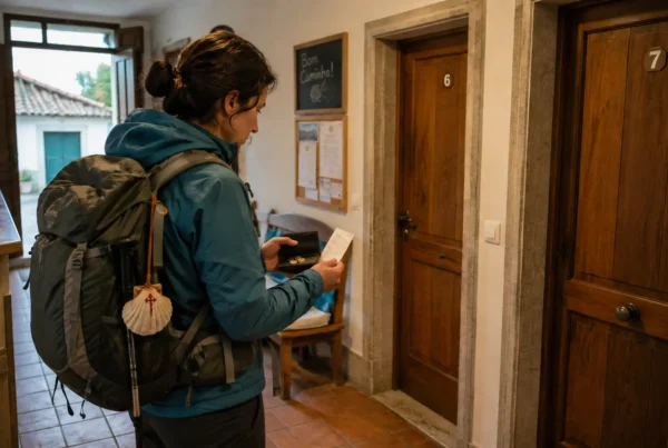 A pilgrim comparing budget notes, route information and a Camino credential before walking from Porto to Santiago.