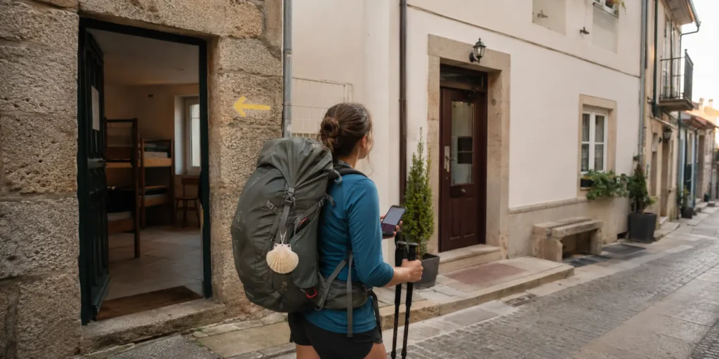 A pilgrim comparing accommodation options while planning the cost of walking from Porto to Santiago.