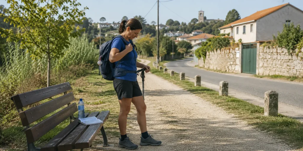 A pilgrim testing hiking shoes, a backpack and walking poles during a training walk before the Portuguese Coastal Camino.