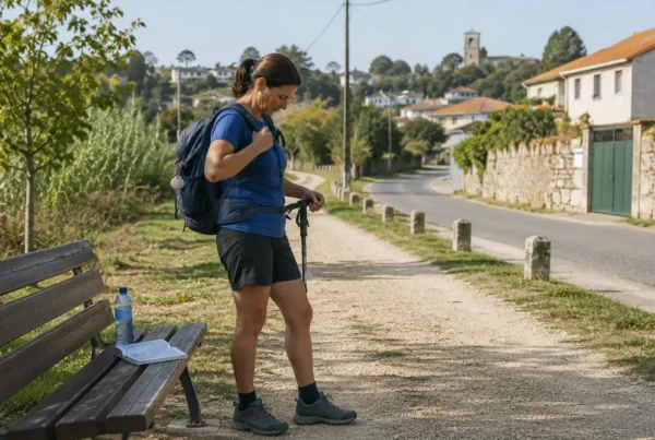 A pilgrim testing hiking shoes, a backpack and walking poles during a training walk before the Portuguese Coastal Camino.