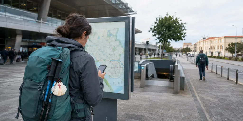 A pilgrim outside Porto Airport checking a route before deciding how to reach the Portuguese Coastal Camino start.