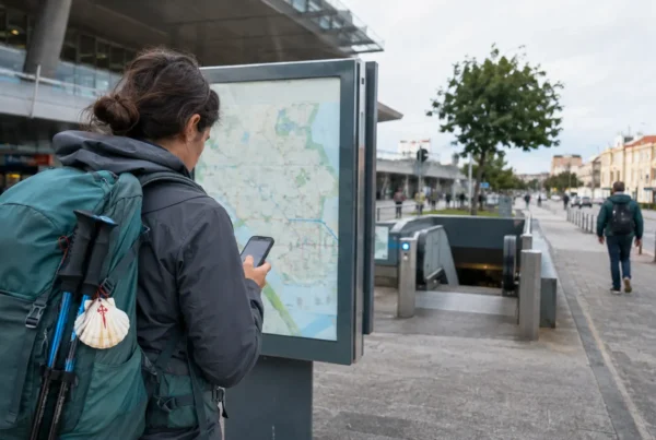 A pilgrim outside Porto Airport checking a route before deciding how to reach the Portuguese Coastal Camino start.