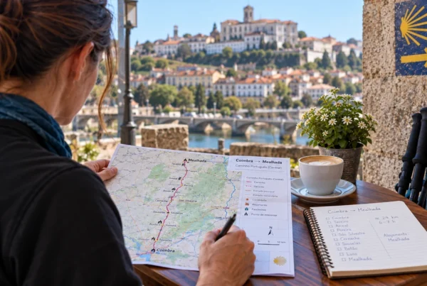 A pilgrim reviewing a Coimbra to Mealhada walking map at an outdoor café table overlooking Coimbra.